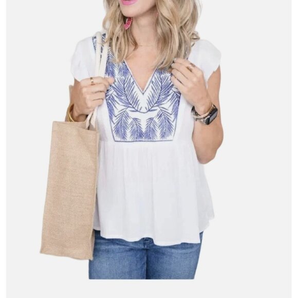 GIBSON- Womens White and Lake a lie Embroidered Ruffle Sleeve Top Size Small - Picture 2 of 8